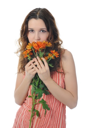 brunette with a flowerの写真素材