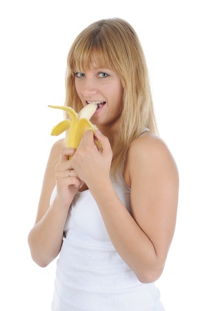 blonde girl with a banana.の写真素材
