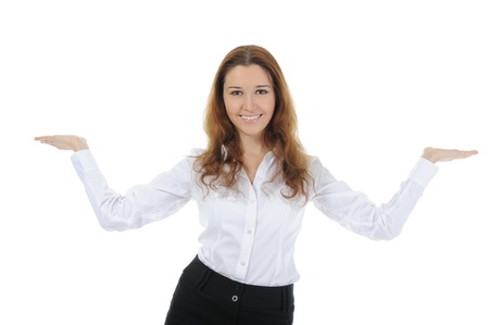 woman looks at her open palm.の写真素材