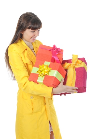 brunette with a giftの写真素材