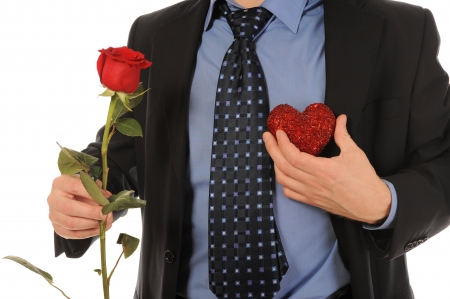 man with a gift box and a roseの写真素材