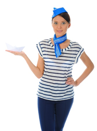 beautiful woman wearing sailor hatの写真素材