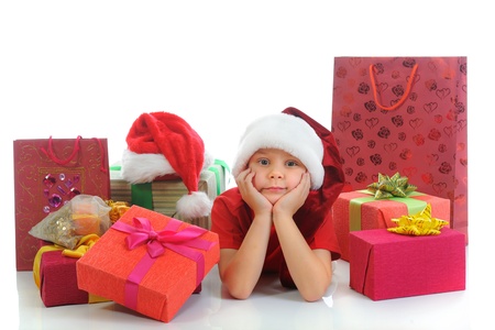 Cheerful boy in Santa Claus hatの写真素材