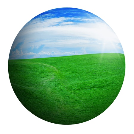 Green grass against a blue sunny skyの写真素材