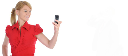 Portrait of smiling business woman phone talking, isolated on white backgroundの写真素材