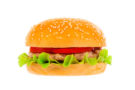 Big beautiful juicy burger with meat and vegetables. Isolated on white backgroundの写真素材
