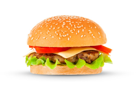 Big beautiful juicy burger with meat and vegetables. Isolated on white backgroundの写真素材