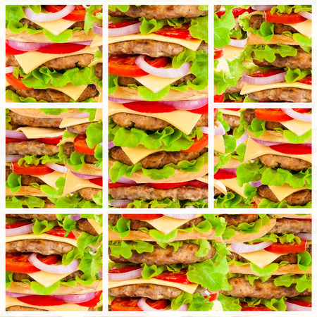 Big beautiful juicy burger with meat and vegetables. Isolated on white backgroundの写真素材