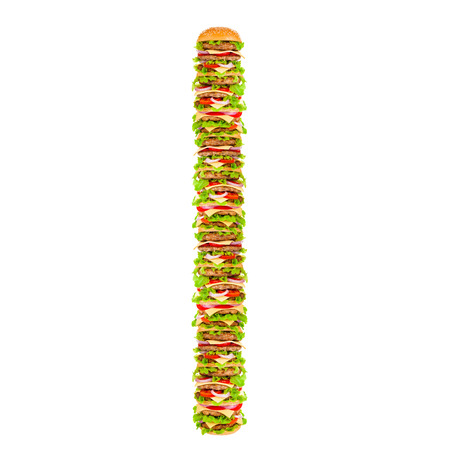 Big beautiful juicy burger with meat and vegetables. Isolated on white backgroundの写真素材