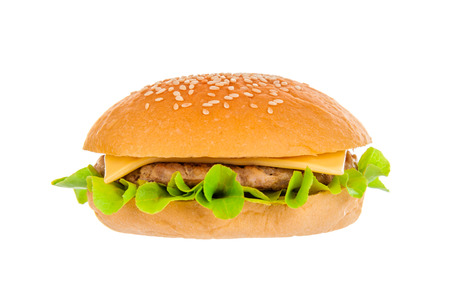 Big beautiful juicy burger with meat and vegetables. Isolated on white backgroundの写真素材