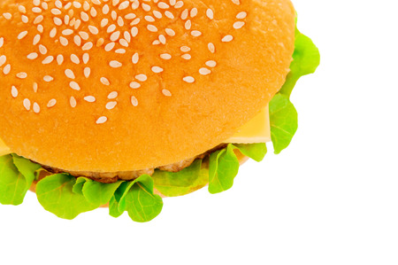 Big beautiful juicy burger with meat and vegetables. Isolated on white backgroundの写真素材