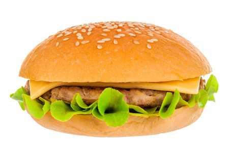 Big beautiful juicy burger with meat and vegetables. Isolated on white backgroundの写真素材
