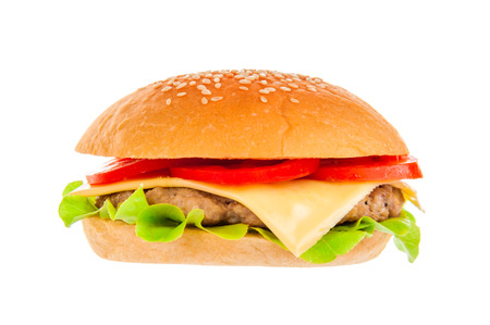Big beautiful juicy burger with meat and vegetables. Isolated on white backgroundの写真素材