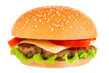 Big beautiful juicy burger with meat and vegetables. Isolated on white backgroundの写真素材