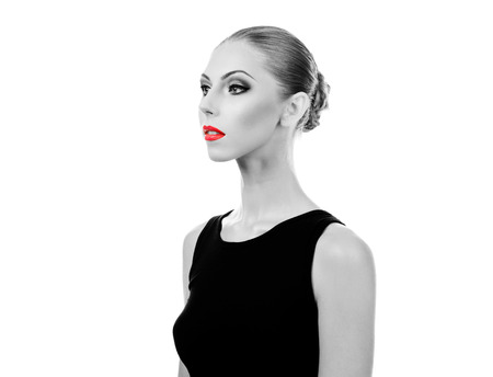 Professional Make up concept. Portrait of young beautiful woman with beauty makeup and perfect skin. Isolated on white backgroundの写真素材