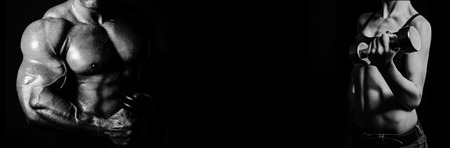 Bodybuilding. Strong man and a woman posing on a black backgroundの写真素材