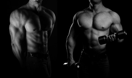 bodybuilder posing. Handsome power athletic guy male. Fitness muscular body on black background. Black and white photoの写真素材