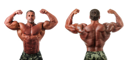 bodybuilder posing. Handsome power athletic guy male. Fitness muscular body.  Isolated on white backgroundの写真素材