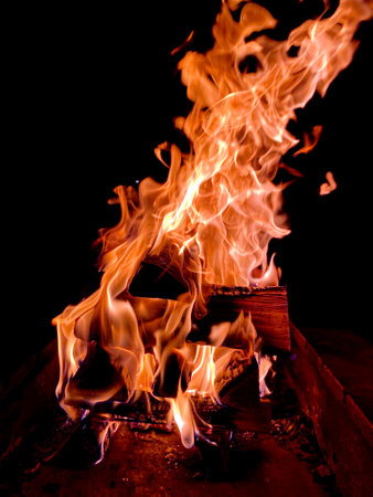 flames when burning firewood on a black background. High quality photoの写真素材