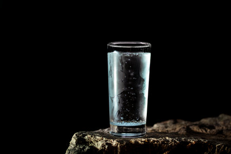 a glass of water with walls fogged up from the cold on a rock on a black background. High quality photoの写真素材