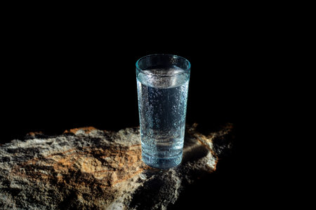 a glass of water with walls fogged up from the cold on a rock on a black background. High quality photoの写真素材