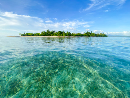 Beautiful small tropical island in the middle of the ocean against the backdrop of clear water and...