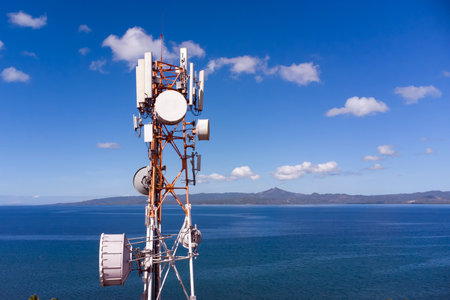 aerial view around of the telecommunication tower. tower antennas satellite transmits the signals