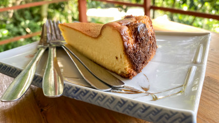 piece of cheesecake on a plate with forks on a wooden tabletopの写真素材