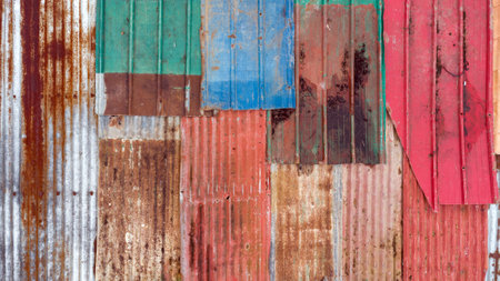 multi-colored roof covered with different old rusty materials of various colorsの写真素材
