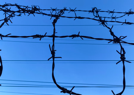 barbed wire against the sky on a high fenceの写真素材