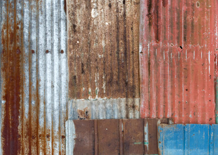 multi-colored roof covered with different old rusty materials of various colorsの写真素材