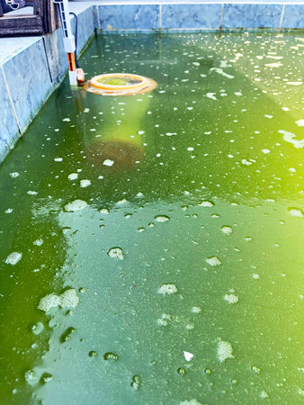 algae in the pool, the water has spoiled and is dirty green.の写真素材