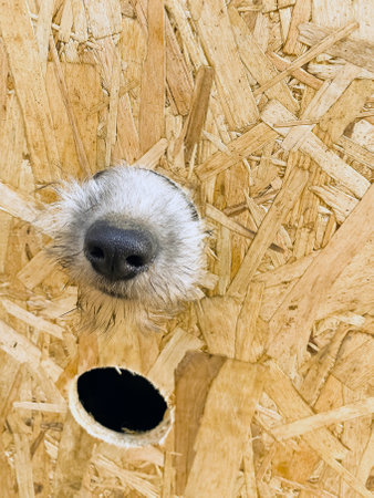 a dog's nose sticks out of a hole in a wooden wall.の写真素材