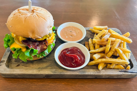 big juicy burger and fries with sauces on a wooden trayの写真素材