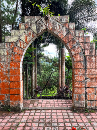 stone arch in the jungle with tropical trees and palms behindの写真素材