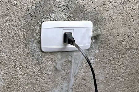 A smoking electrical outlet on a gray concrete wall from overvoltage, short circuit cause of fireの写真素材