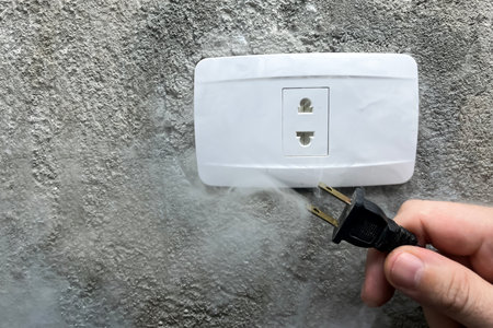 A smoking electrical outlet, a hand pulling the plug out of a burning outlet