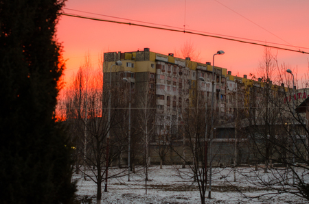 Pink and orange sky without clouds during sunset in the town between a tree and an old building. Beatiful nature background landscape in winter season.の写真素材