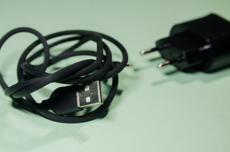 black usb cable and block adapter on green background. Keep the battery charged on your device anyway you go. Tehnology connect close up. Equipment for charging a mobile phone.の写真素材