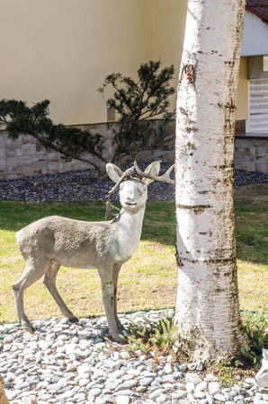 Deer garden decor next to a tree background. landscape design for outside concept.の写真素材
