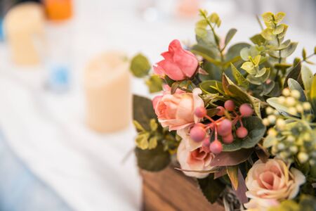 flowers as decor on table at wedding dayの写真素材