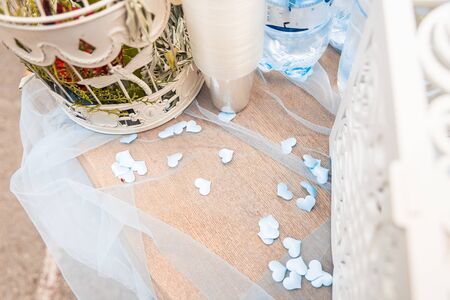 hearts next to the cage as wedding decorの写真素材