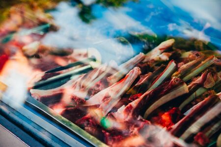 selling raw pork ribs in the store. buying meat for lunchの写真素材