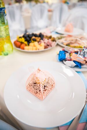 served tables at the wedding with cutlery and fresh dishes. banquet conceptの写真素材