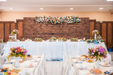wedding hall is decorated and ready for wedding dayの写真素材