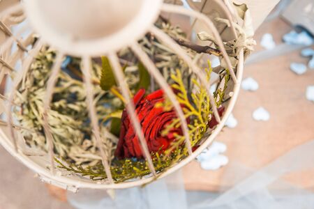 red roses in white cage. wedding decorの写真素材