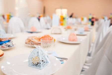 served tables in restaurant with cutlery and fresh dishes. banquet conceptの写真素材