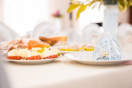 table with freshmade dishes from the side viewの写真素材