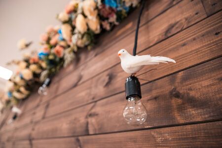 wedding decor concept. wooden wall with light bulbs and flowersの写真素材
