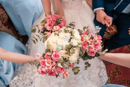 flower bouquet at wedding day from the top viewの写真素材